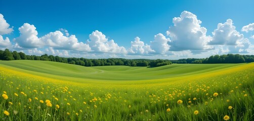 Fototapeta premium Panoramic landscape of a grassy meadow, vibrant green with scattered yellow dandelion flowers. Rolling hills in the mid-ground gently ascend towards a line of lush, full green trees. Clear, vibrant 