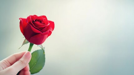 Single Red Rose In A Hand With Green Leaves Visible