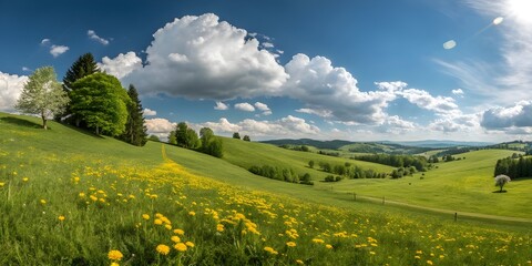 Naklejka premium Panoramic landscape of a grassy meadow, vibrant green with scattered yellow dandelion flowers. Rolling hills in the mid-ground gently ascend towards a line of lush, full green trees. Clear, vibrant 