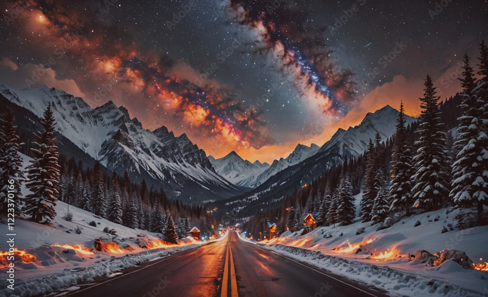 Aufkleber a road with a beautiful mountain range in the background. the sky is filled with stars and the sun i