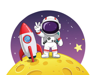 Astronaut Waving Hand to Rocket flat Cartoon Vector design, and Cute Cartoon Astronaut Riding Rocket and Waving Vector.