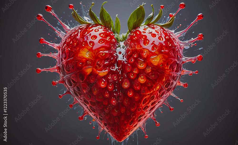 Poster a heart made of strawberries with red juice dripping from it. the heart is surrounded by a blurry ba