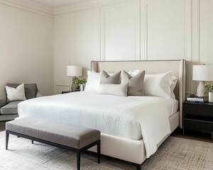 A modern, elegantly designed bedroom featuring a plush bed, stylish lamps, and a cozy seating area, creating a serene atmosphere.