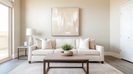 A modern living room featuring a light sofa, decorative pillows, a wooden coffee table, and an abstract wall art against a neutral backdrop.