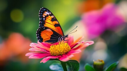 Naklejka premium Vibrant orange butterfly on pink flower in natural garden setting