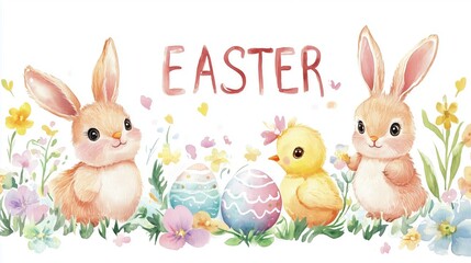 Obraz premium cute bunnies and chicks with Easter eggs in pastel colors, flowers, 