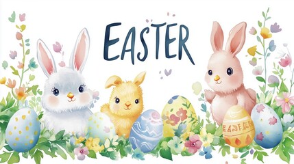  Cute bunnies and chicks with Easter eggs in pastel colors, flowers, "EASTER" written on the background 