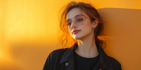 Fashionable young woman posing against bright yellow wall urban setting portrait photography warm lighting stylish vibe