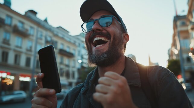 Joyful Man with Smartphone: A bearded man wearing sunglasses and a cap laughs ecstatically while looking at his smartphone.