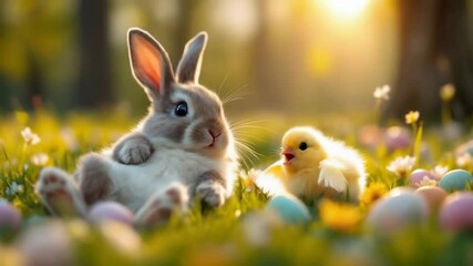 Happy Easter video. Bunny and Chick on a spring sunny meadow with wild flowers. Cute baby animals celebrate Easter together
