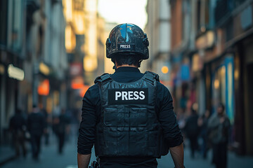 PRESS Photojournalist wearing in bulletproof vest