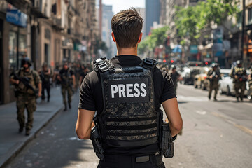 PRESS Photojournalist wearing in bulletproof vest