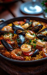 Fototapeta premium Delicious seafood paella with shrimp and mussels