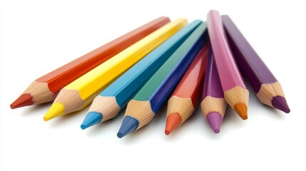 Fototapeta premium Vibrant wooden coloring pencils rest against a pristine white backdrop. Their vibrant hues create a captivating display, inviting you to unleash your creativity