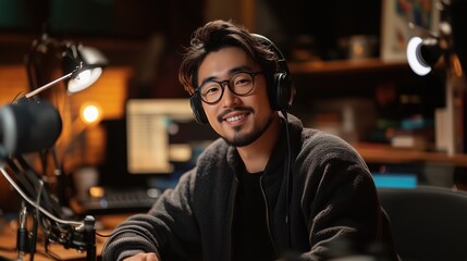 Podcast Host in Studio: A smiling Asian male podcast host wearing glasses and headphones sits at his microphone in a dimly lit recording studio, ready to engage his audience.