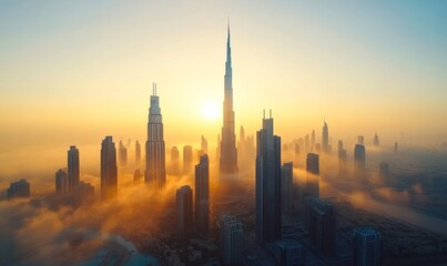 Obraz premium Dubai Sunrise: A City in the Clouds