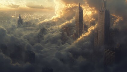 Fototapeta premium Cloud Cityscape: A Futuristic Metropolis Enshrouded in Mist