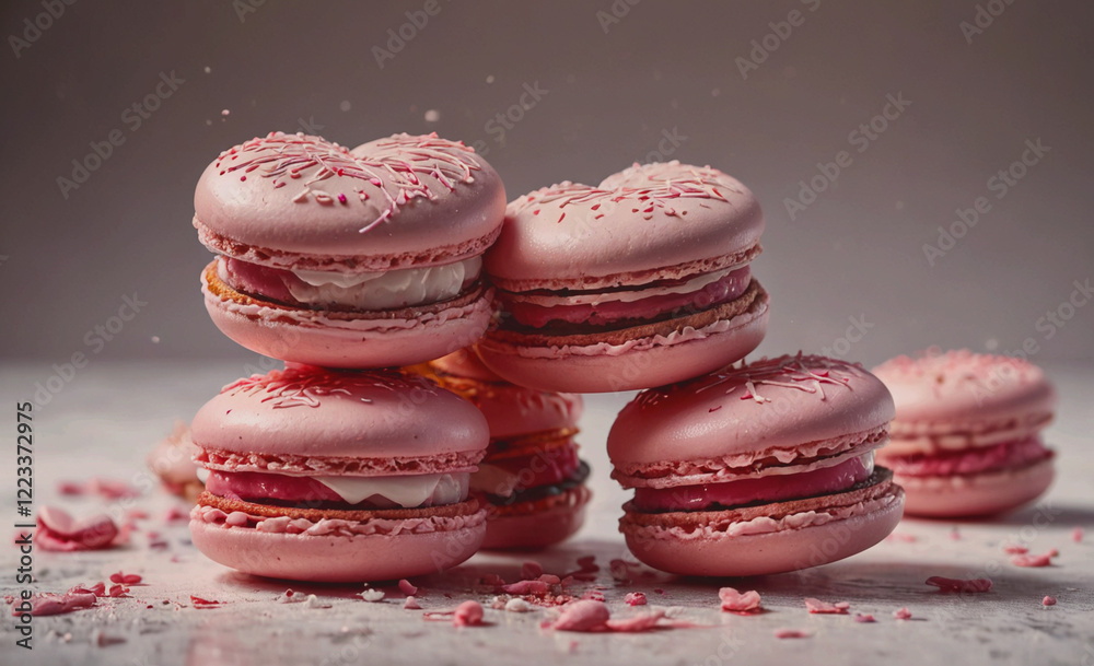 Poster A stack of pink macarons with sprinkles on top. The macarons are arranged in a pyramid shape, with the top one slightly smaller than the others. Concept of elegance and sophistication