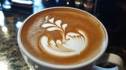 Elegant latte art in coffee cup with leaf and heart design on frothy surface