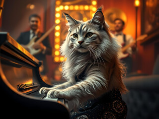 Illustration chat jouant du piano