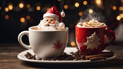 Fototapeta premium A red coffee cup sits on a wooden table, featuring a frothy latte art design of Santa Claus’s face.