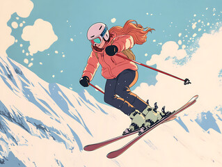 A lady playing ski with snow mountain view illustration