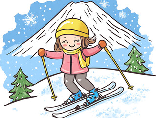 a girl playing ski with snow mountain view illustration cartoon