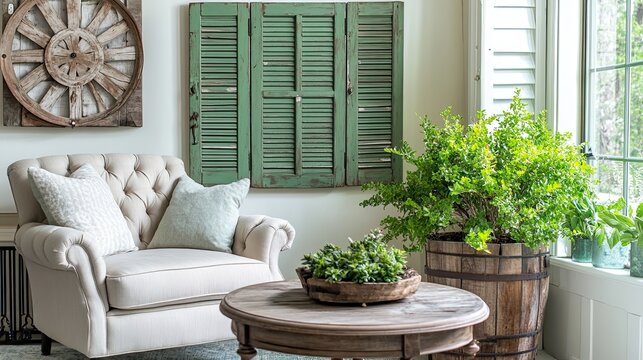 A charming farmhouse living room with green vintage shutters repurposed as wall art