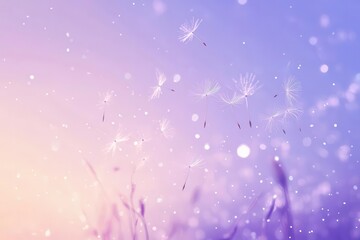 ethereal dandelion seeds dancing across twilight sky, backlit by soft purple-blue gradient, shallow depth of field creating floating bokeh effect