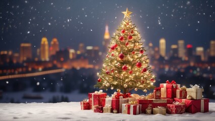 Obraz premium A beautifully decorated Christmas tree with gold and red ornaments stands on a snowy surface,