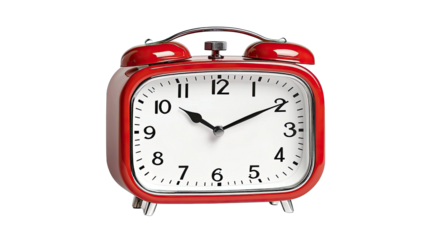 Classic Red Alarm Clock with White Dial and Black Hands on a Isolated Background