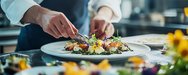 Chef plating gourmet dish with fresh ingredients.