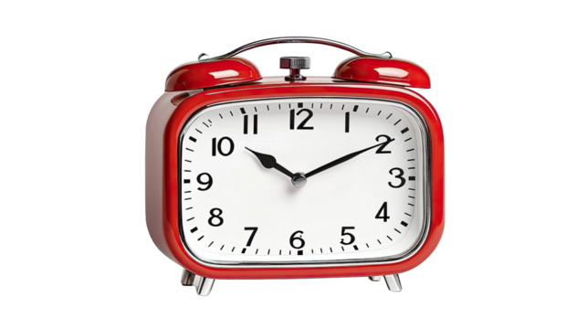 Classic Red Alarm Clock with White Dial and Black Hands on a Isolated Background