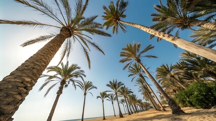 Obraz premium Palm trees in summer on a beach from bottom to top view