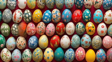 colourful painted easter eggs lined up in rows