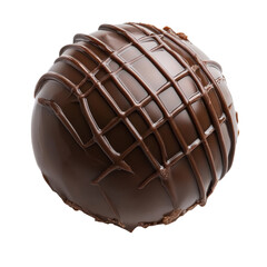 Obraz premium Delicious chocolate ball with a smooth glaze and decorative drizzle on a white background, Chocolate ball isolated on white background