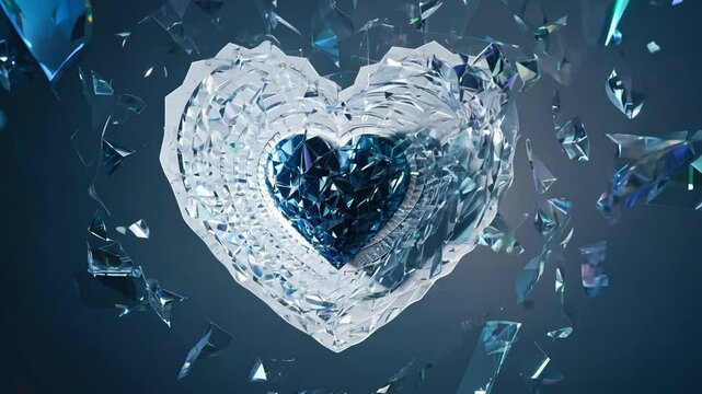 Sparkling heart materializing from a shattered mirror, the camera circles, gobo lighting, 360-degree video, sharp shards of glass float around the heart