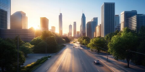 Fototapeta premium Sunrise Cityscape: A Tranquil Morning in the Urban Jungle