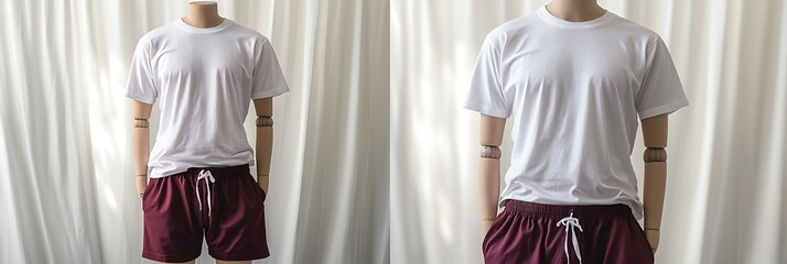 White t-shirt and deep maroon shorts on dummy, clean neutral setup in soft grey tones