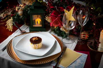 Nougat Mousse Topped with Dark Chocolate - Elegant Christmas Dessert on Festive Table
