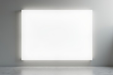 A striking bright white canvas hangs against a softly lit wall in a minimalist art studio. This blank space invites artists to unleash their imagination and creativity freely