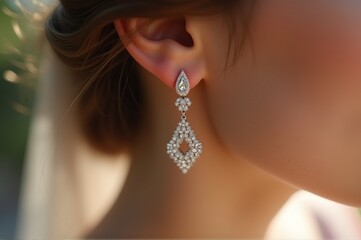 A woman showcases stunning earrings that glimmer in the sunlight, creating an enchanting atmosphere at a sunny outdoor event. The delicate design adds grace to her appearance