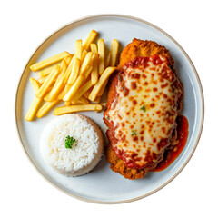 Parmigiana Steak garnished with rice and french fries