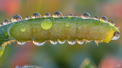 Obraz premium Dewdrops on plant stem, sunrise, garden, macro