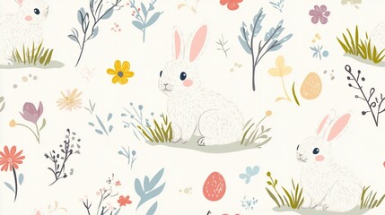 Easter seamless pattern with bunny, flowers, branch and grass