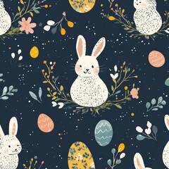 Easter seamless pattern with bunny, flowers, branch and grass