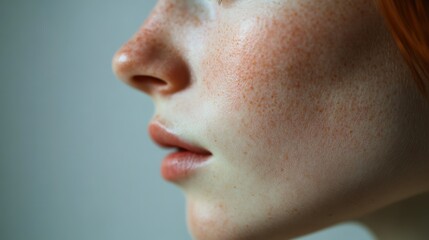 Obraz premium Close-up of female caucasian young face with freckles and red hair