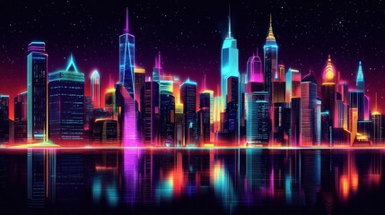 Neon Cityscape Reflecting In Calm Water At Night