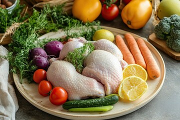 Fresh vegetables, fruits and chicken. place for text. Country style. top view.