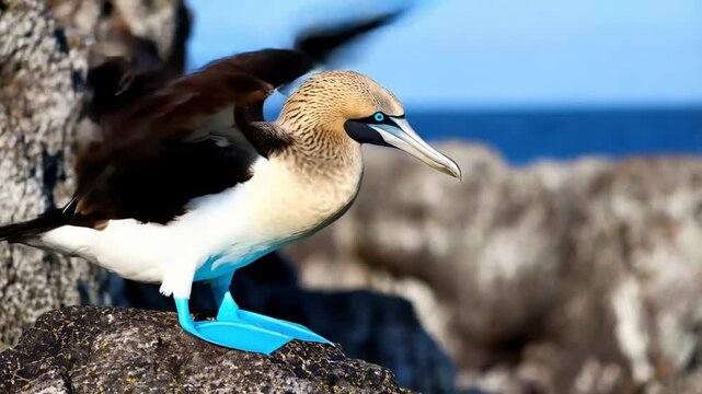 Blue footed booby flapping its wings fast as it stands on a high rock.